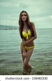 Sexy Brunette Ocean Yellow Swimsuit Stock Photo 158483330 Shutterstock
