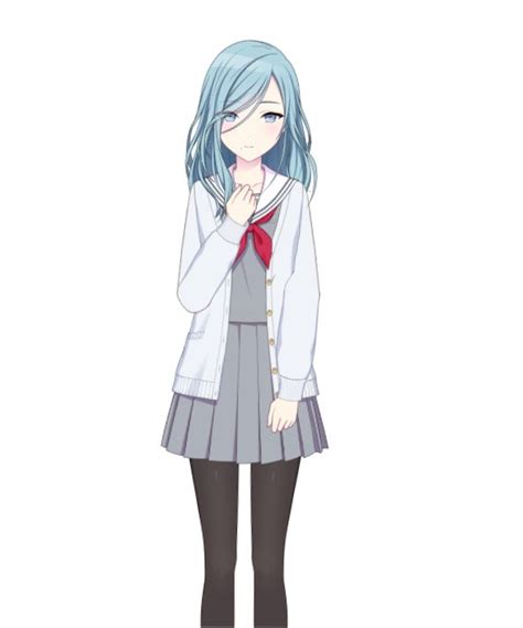 An Anime Girl With Blue Hair Wearing A White Shirt And Black Pants