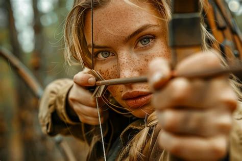 Premium Photo Blonde Archer In The Forest A Stunning Huntress Taking