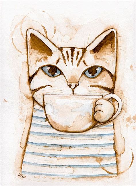 CAT Art Coffee Cat in Stripes Original Cat Folk от KilkennyCatArt Folk Art Painting, Cat ...