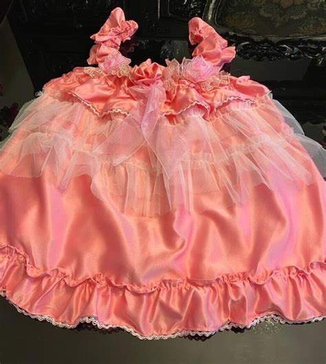 Sissy Salmon Pink Satin Baby Doll Nighty Negligee Dress Set Cami Top