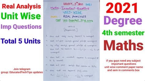 Th Sem Maths Important Questions Unit Wise Real Analysis Most Very