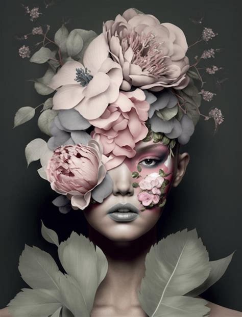 Premium Photo A Woman With Flowers On Her Face Is Shown With A Large