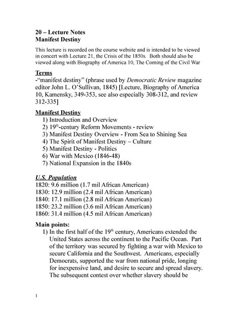 20 Lec Note Manifest Destiny 20 Lecture Notes Manifest Destiny