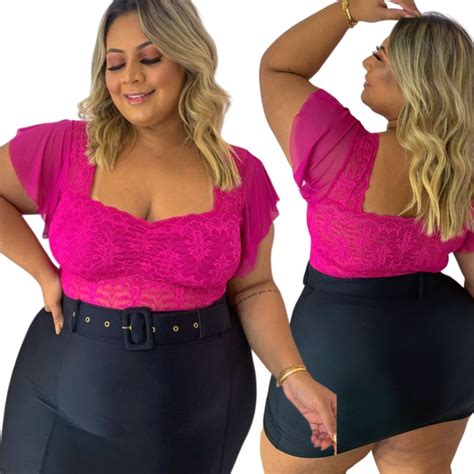 Blusa Cropped Em Renda Plus Size Manga Flare Croped Sensual Roupas