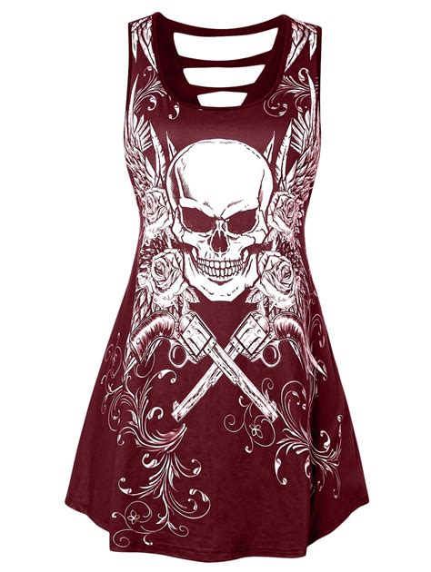 Plus Size Skull Print Cut Out Tank Top Red Wine 4q80575010 Size L