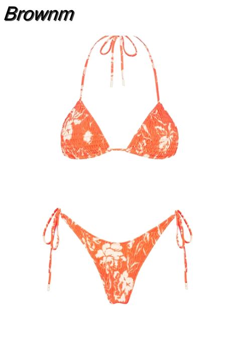 Brownm Triangle Push Up Bikini Set Brazilian String Thong Swimwear Ruched Bandage Bikinis Women