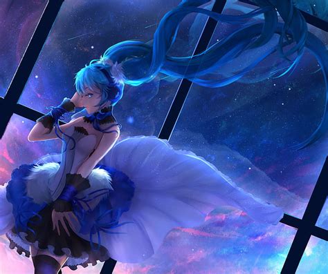 Anime Vocaloid Vestido Hatsune Miku Noche Cielo Estrellas Fondo