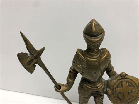 Vintage Brass Knight In Armor Figure With Halberd And Shield 7 Crusader