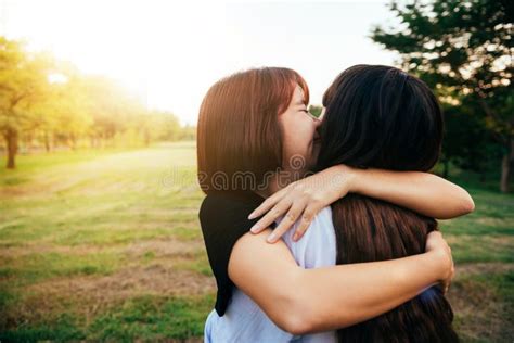 Lesbian Couple Embraced Together Relation Fall In Love Two Asian Women