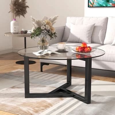 Modern Round Coffee Table Cocktail Table With Tempered Glass Top