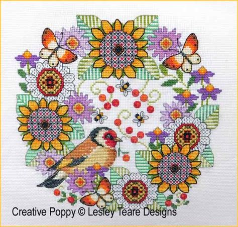 Lesley Teare Designs Blackwork Flowers With Goldfinch Cross Stitch