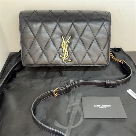 Ysl Saint Laurent Becky 金屬logo小羊皮菱格紋翻蓋鍊包金x黑｜popchill 拍拍圈