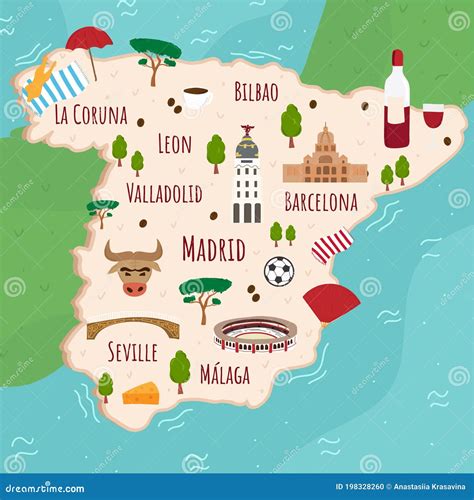 Mapa De Dibujos Animados De Espa A Ilustraci N De Viajes Con