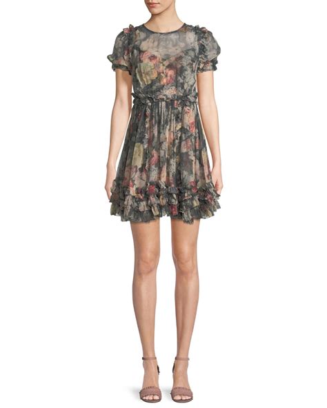 Zimmermann Sunny Floral Print Silk Chiffon Mini Dress W Ruffled Trim