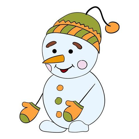 Bonhomme De Neige Dessin Animé Mignon Dans Un Chapeau Vert Avec Une