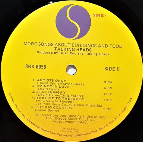 Talking Heads More Songs About Buildings And Food First Year Pressing 1978 Us Sire Srk 6058