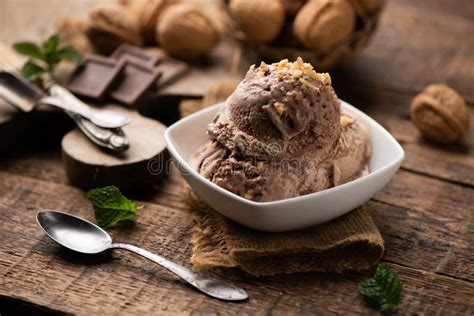 Scoops Of Chocolate And Vanilla Ice Cream On Plate Stock Photo Image