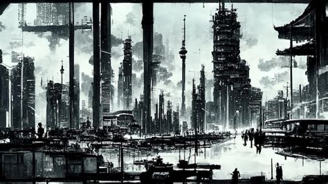 Premium Photo | Cyberpunk Asian city cityscape in black and white tones