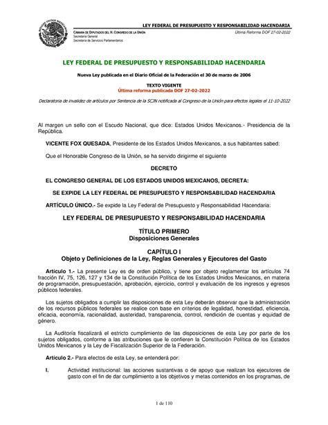 Ley Federal De Presupuesto Y Responsabilidad Hacendaria Cmara De