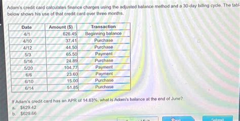 Adam S Credit Card Calculates Finance Charges Using The Adjusted