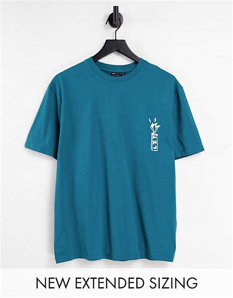 Asos Design Relaxed T Shirt In Teal With Text Graphic Print Asos