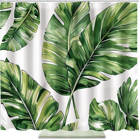 Exotic Tropical Paradise Watercolor Banana Leaf Shower Curtain Set For