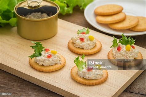 Crackers With Tuna Salad And Tuna Spread In Canned Stock Photo