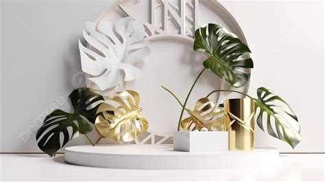 Gold And White Frame With Large Tropical Plants Background 3d