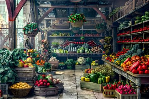 Painting Of Farmers Market Filled With Lots Of Fresh Fruits And