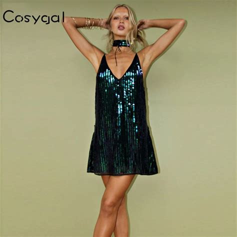 Cosygal Sequin Mini Dress Women Sexy V Neck Sleeveless Party Dresses