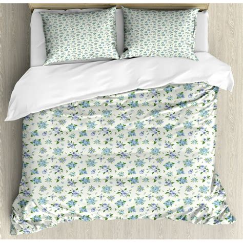 Floral Queen Size Duvet Cover Set, Pansies Bluebells Plumbagos and ...