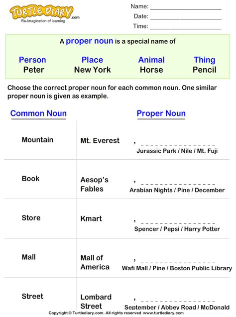 Choose Proper Noun For Each Common Noun Turtle Diary Worksheet