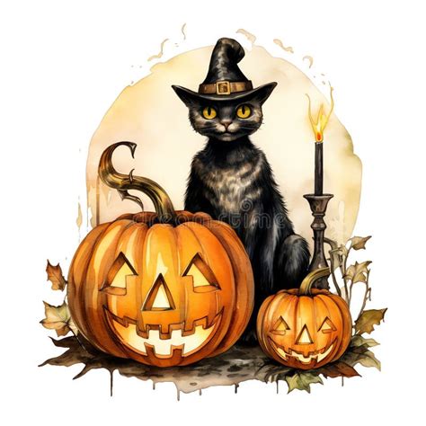 Halloween Spooky Cat With Witch Hat And Pumpkins Watercolor