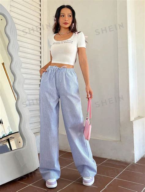 Shein Ezwear Pantalones Rectos A Rayas Para Mujeres Con Cintura Con