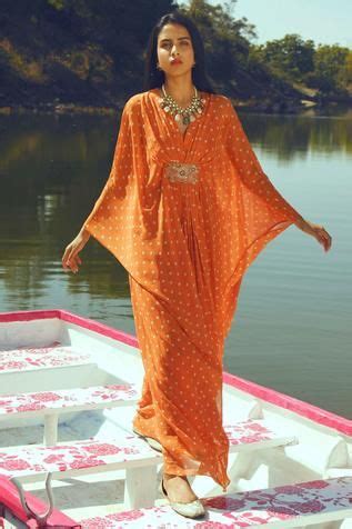 Paulmi And Harsh Printed Kaftan Orange Georgette V Neck Three