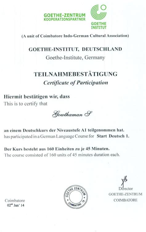 Goethe Institut Level A1 Participationcertificate