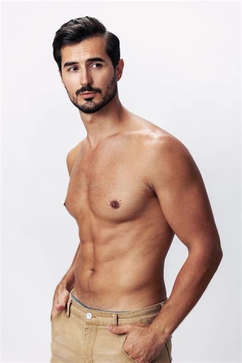 Male Athlete Model With Naked Torso And Packs Of Abs Sporty On White Isolated Background Trendy
