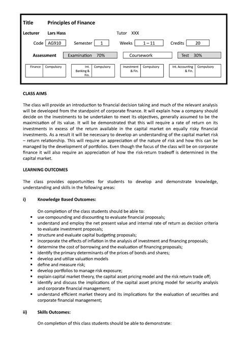 Principles Of Finance Title Principles Of Finance Lecturer Lars Hass