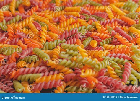 Uncooked Tricolore Fusilli Pasta Twist Shapes Background Stock Photo