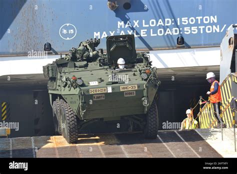 Stryker Vehicles From 2nd Stryker Brigade Combat Team 2nd Infantry Division Are Offloaded At