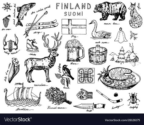 Symbols Of Finland In Vintage Style Doodle Sketch Vector Image