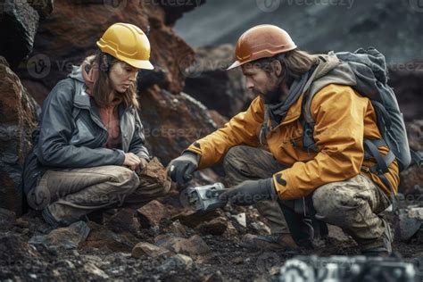 Geologists examining rock samples or using specialized equipment to ...