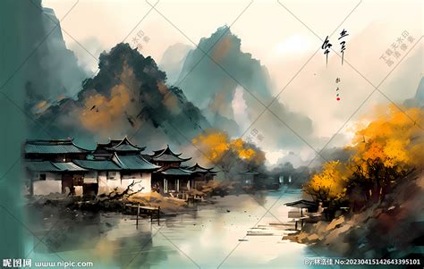 小桥流水人家水墨画山水装饰画设计图广告设计广告设计设计图库昵图网