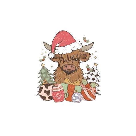 Highland Cow Christmas Png, Retro Christmas PNG, Holiday Cow - Inspire ...