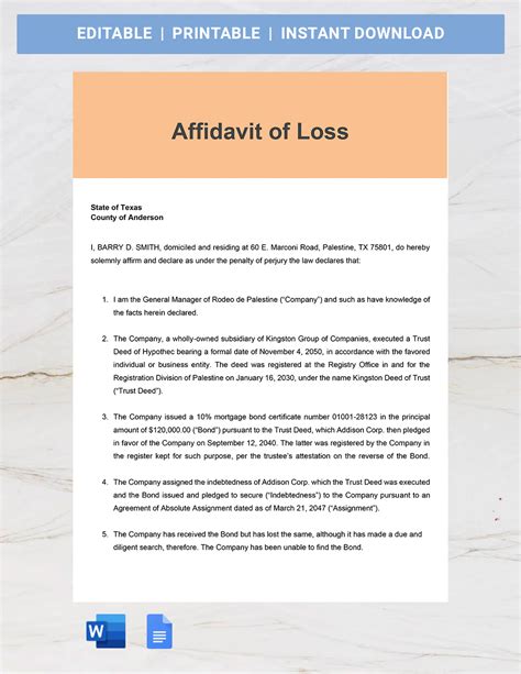 Vehicle Loss Affidavit Template Google Docs Word Pdf Template Net