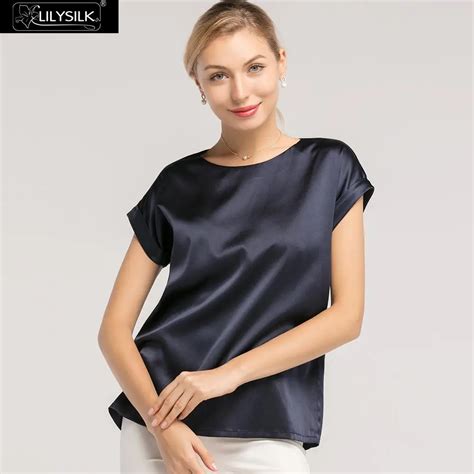 Lilysilk Silk T Shirt Short Sleeves Round Neck 19 Momme Ladies New Navy