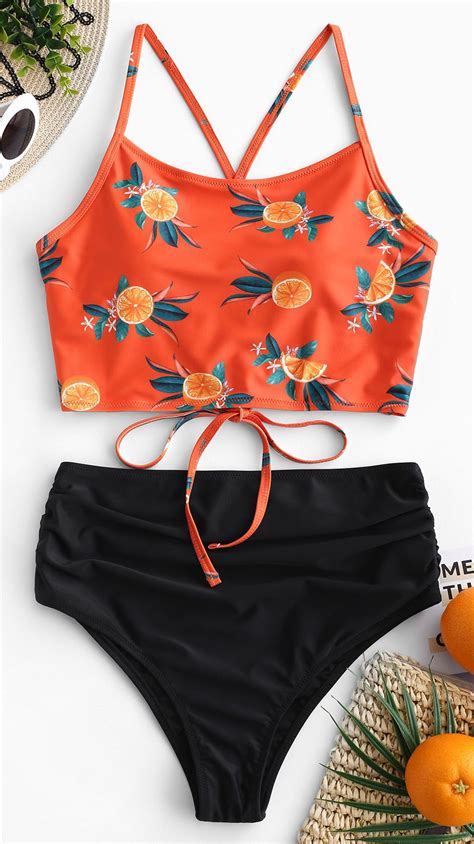 Zaful Pineapple Orange Ruched High Waisted Tankini Set Artofit