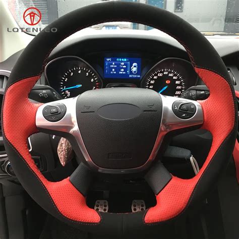 Lqtenleo Black Suede Red Leather Car Steering Wheel Cover For Ford