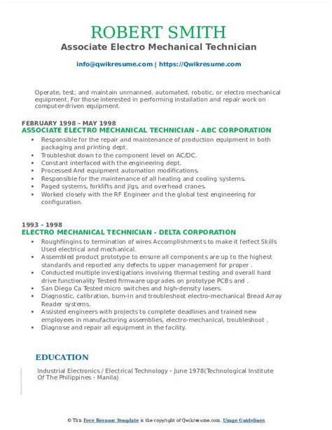 Electro Mechanical Technician Resume Samples | QwikResume